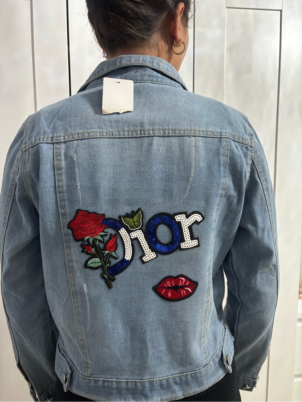 Designer inspired Light Blue Denim Jacket with patches. NWT D1or jean jacket